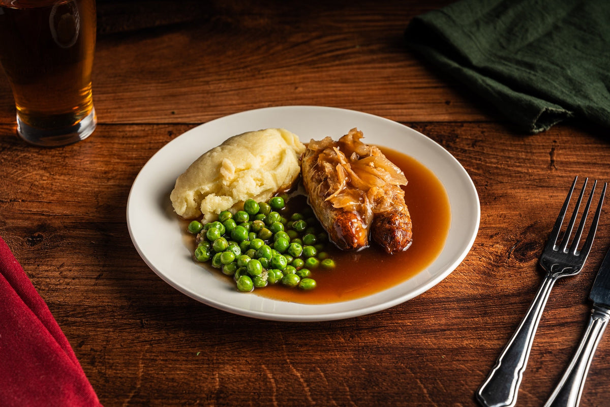Pork Sausages with Creamy Mash & Onion Gravy