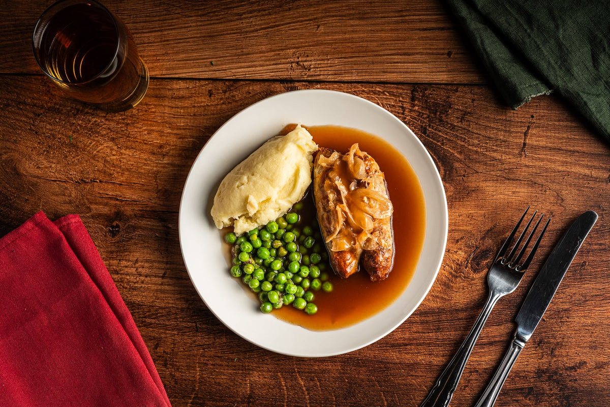Pork Sausages with Creamy Mash & Onion Gravy